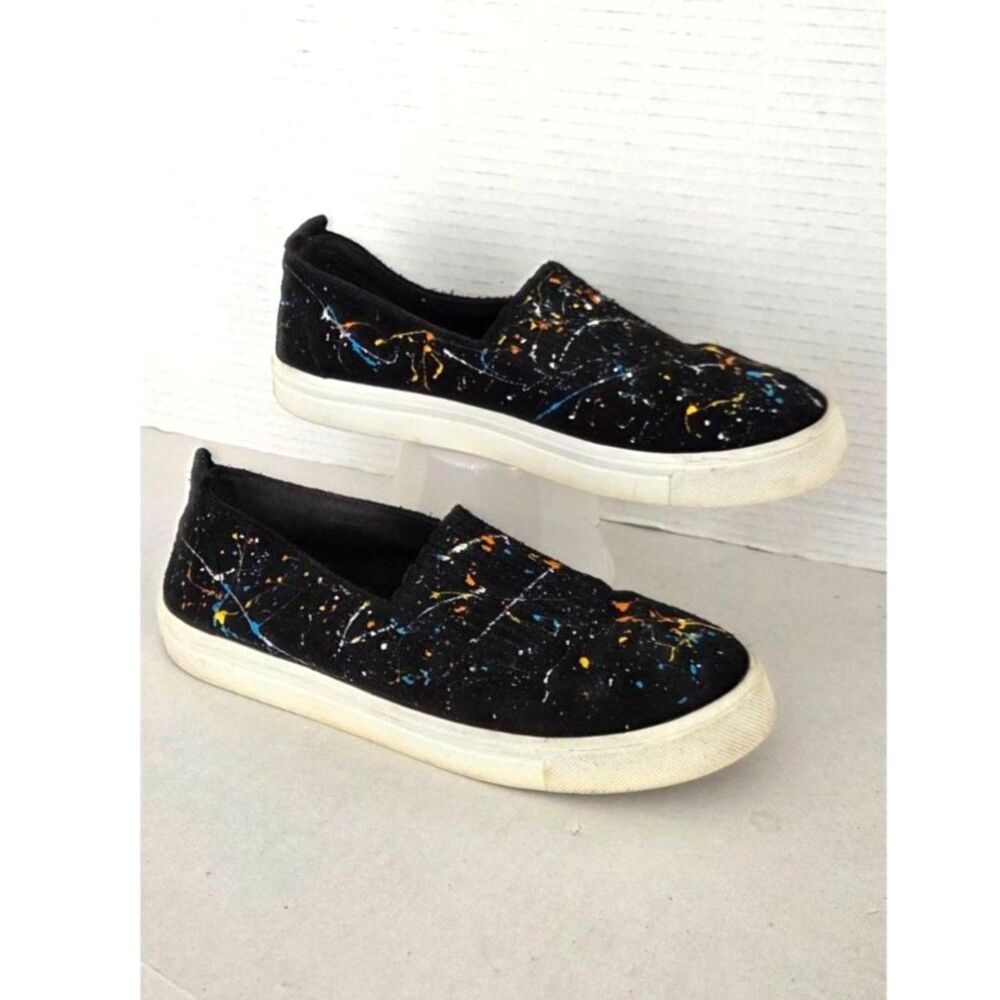 Minnetonka Black Paint Splatter Leather Slip On Sneakers Size 6.5 Art